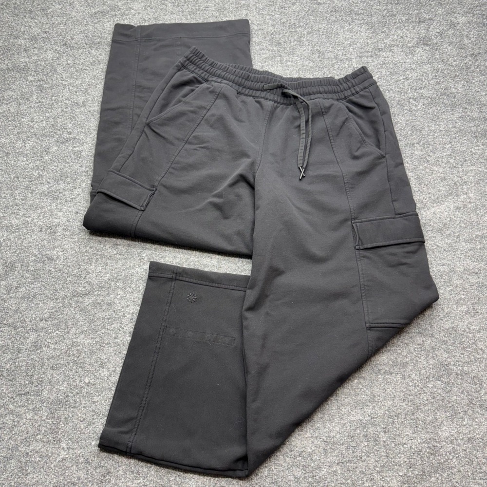 Athleta Womens Black French Terry Wide Leg Cargo Pants Size L Stretch Utility